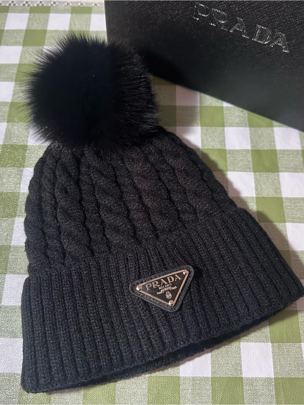 Good Prada Black Cable-Knit Pom-Pom Beanie with Logo Plaque